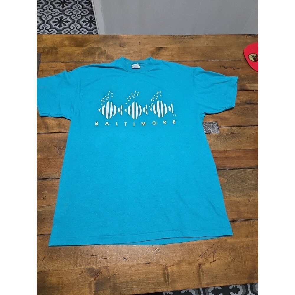 VTG 90s Mens Baltimore Fish Teal Hanes Beefy T Made in USA L Single Stitch